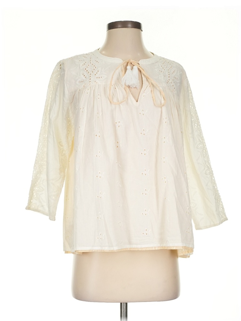 Shabby Chic Cream Eyelet Tie-Neck Peasant Tunic